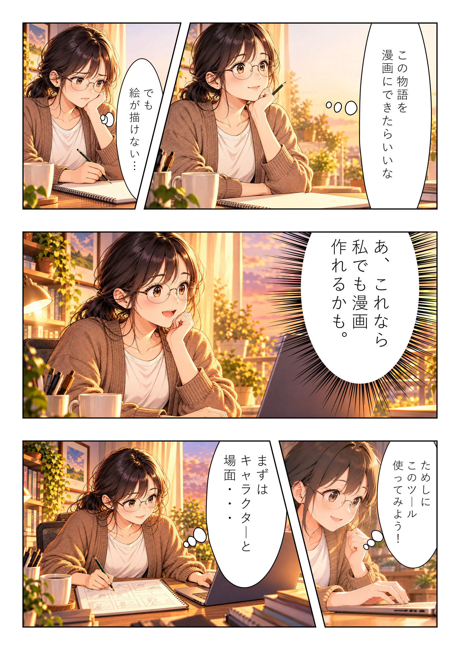 漫画制作クリエイターの制作例1ページ目 絵が描けない女性が物語を漫画にしようとする場面
