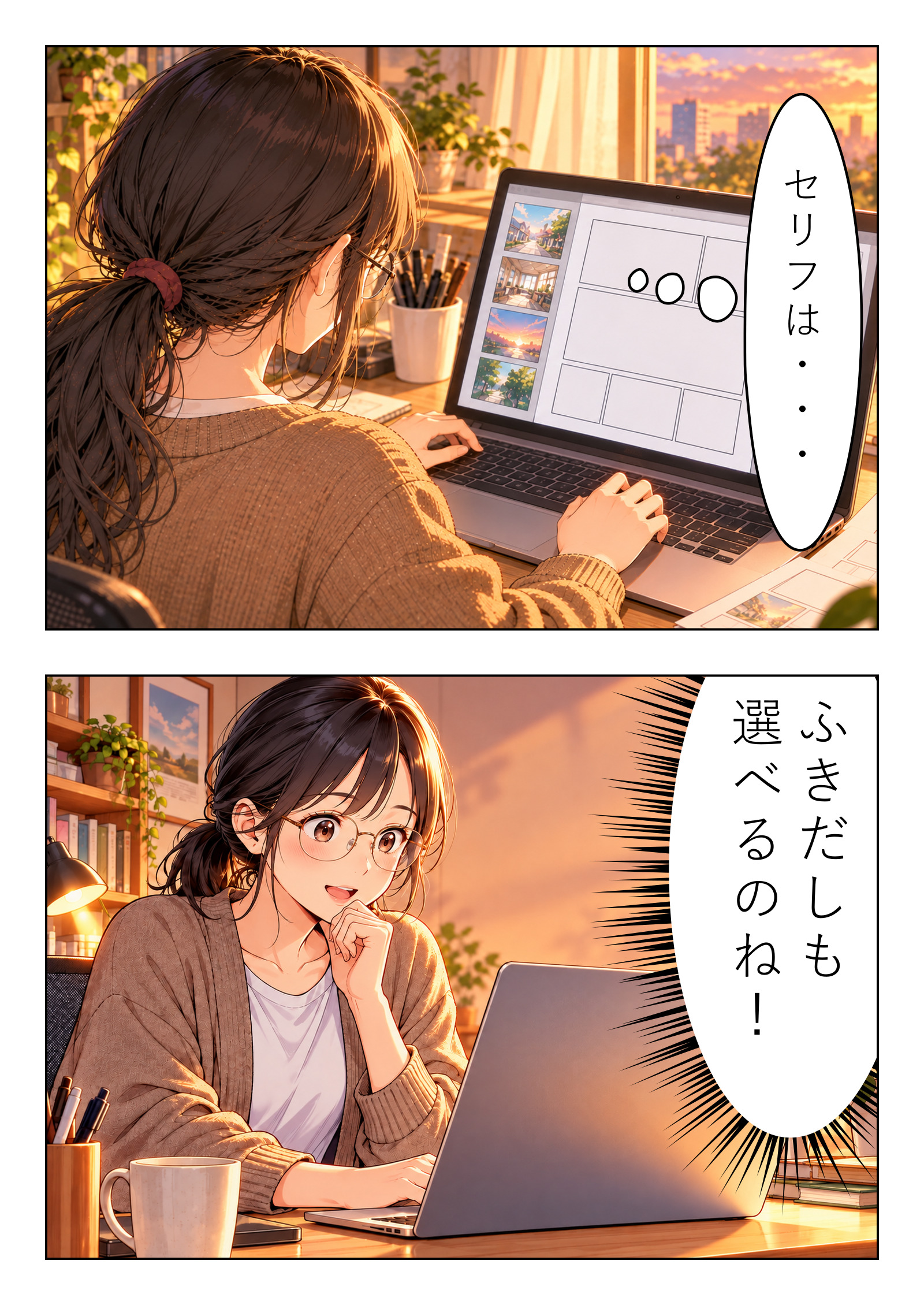 漫画制作クリエイターの制作例2ページ目 コマ割りと吹き出しを使ってセリフを入れる場面