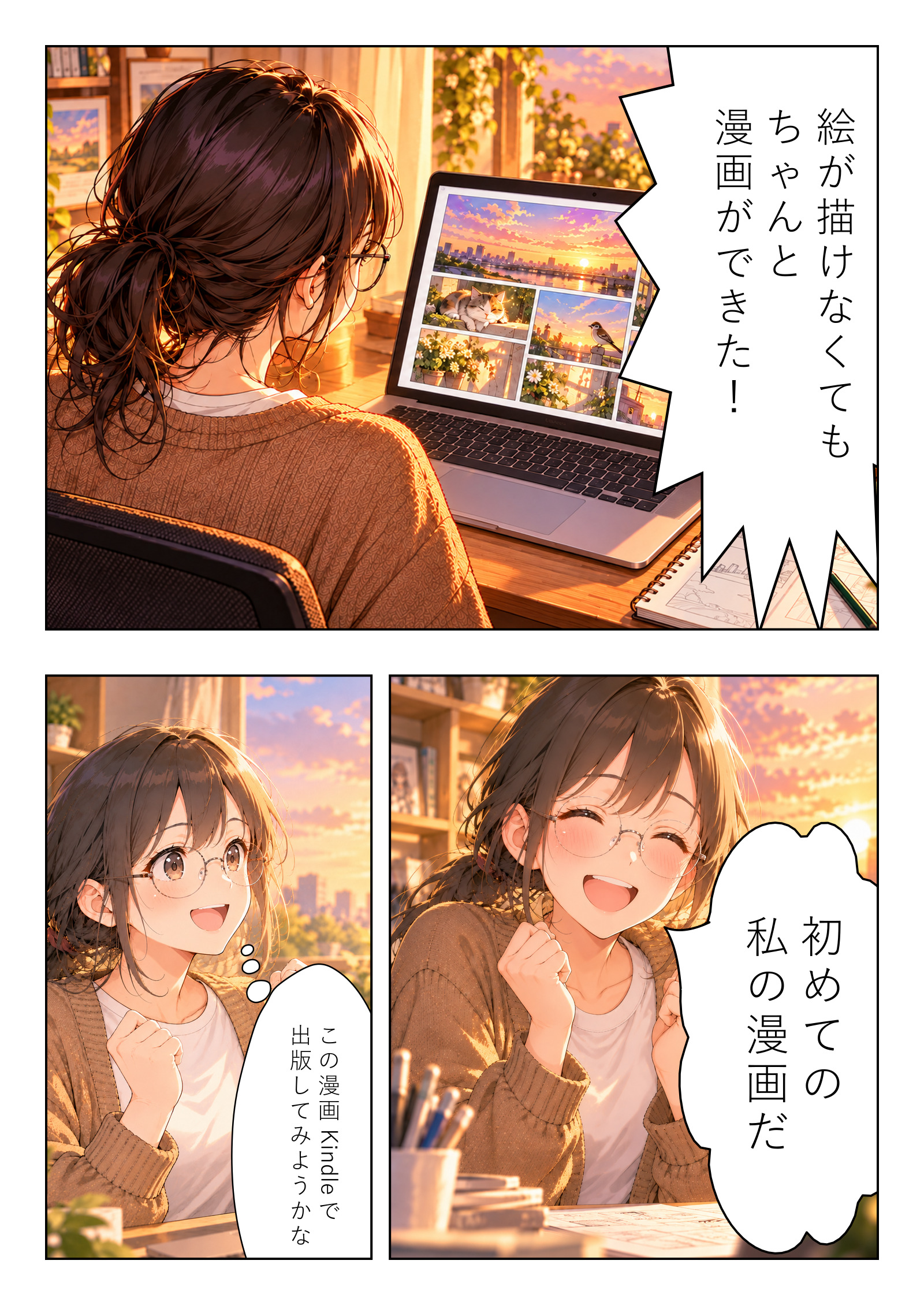 漫画制作クリエイターの制作例3ページ目 初めての漫画が完成しKindle出版を考える場面