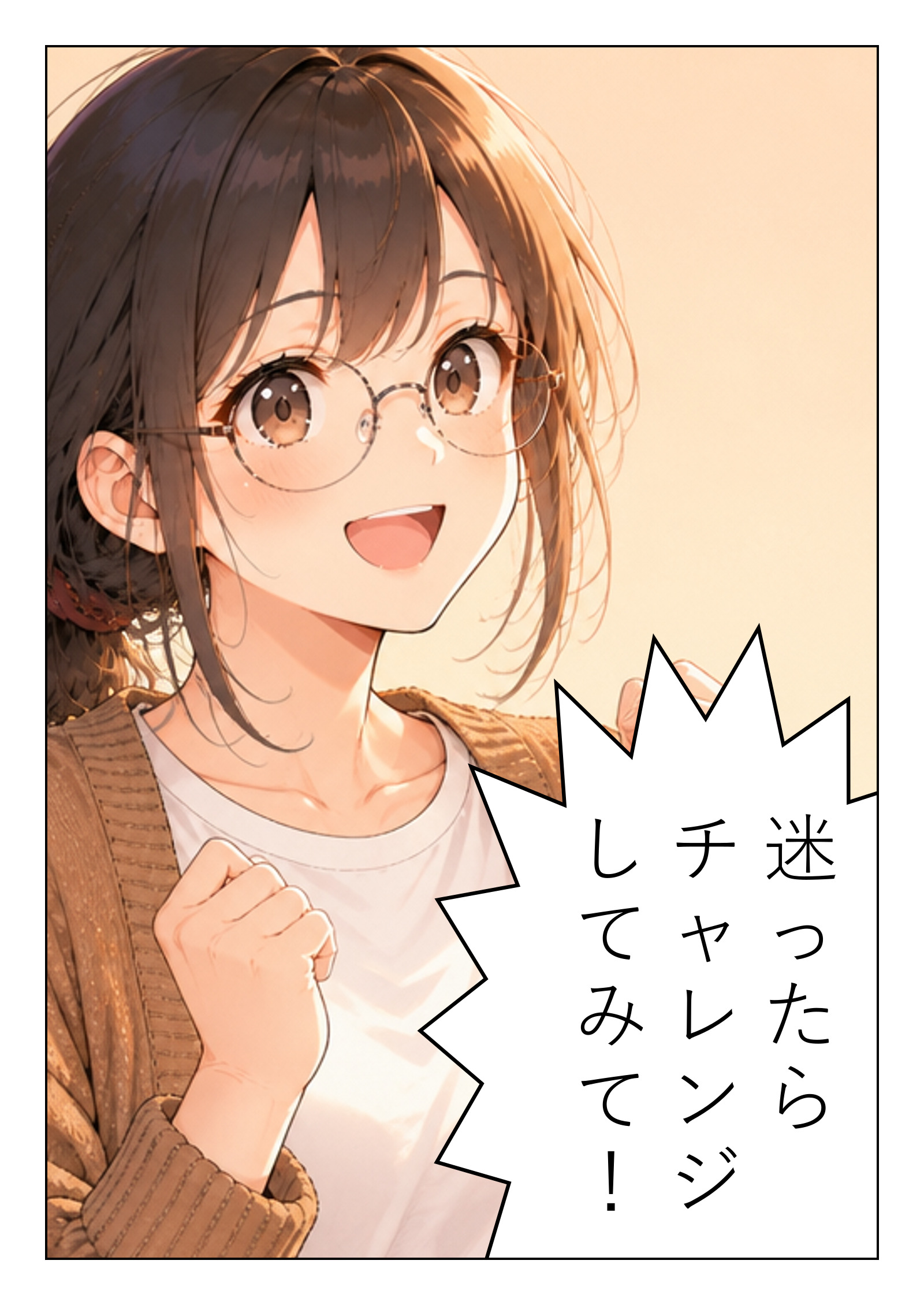 漫画制作クリエイターの制作例4ページ目 迷ったらチャレンジしてみてと呼びかける女性